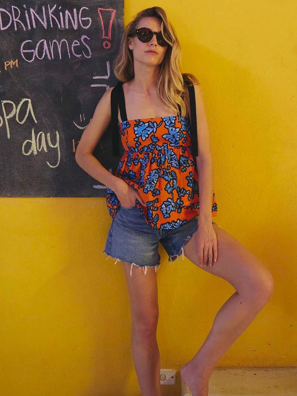 HUNTER BELL Orange Floral Square-Neck Peplum Camisole with Blue Print